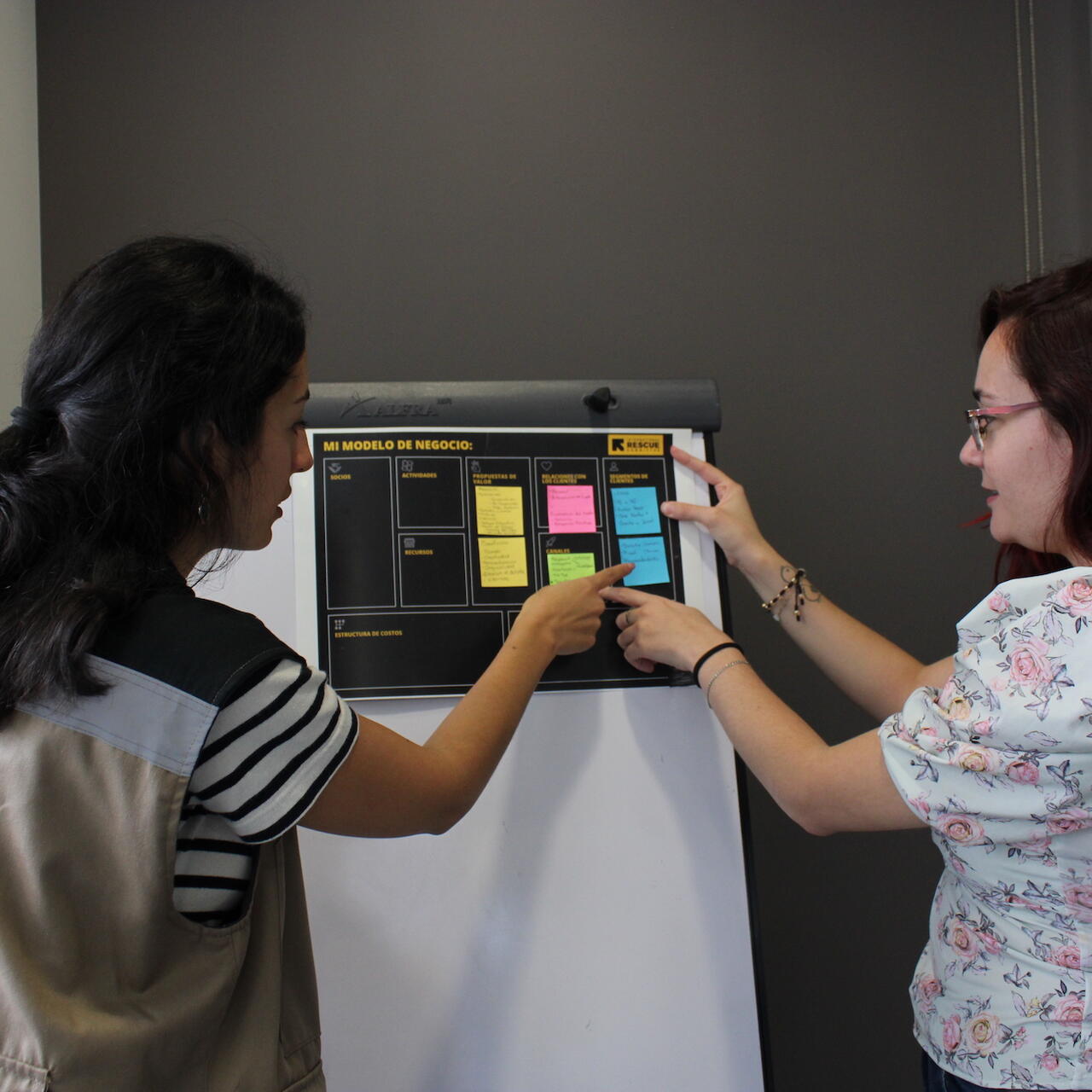 Two women stand in front of a white board with colored sticky notes.